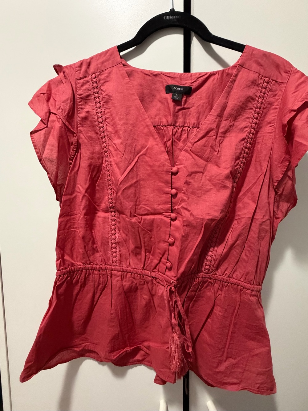 J. Crew Coral-Pink Short-Sleeve Button Front Peplum Blouse